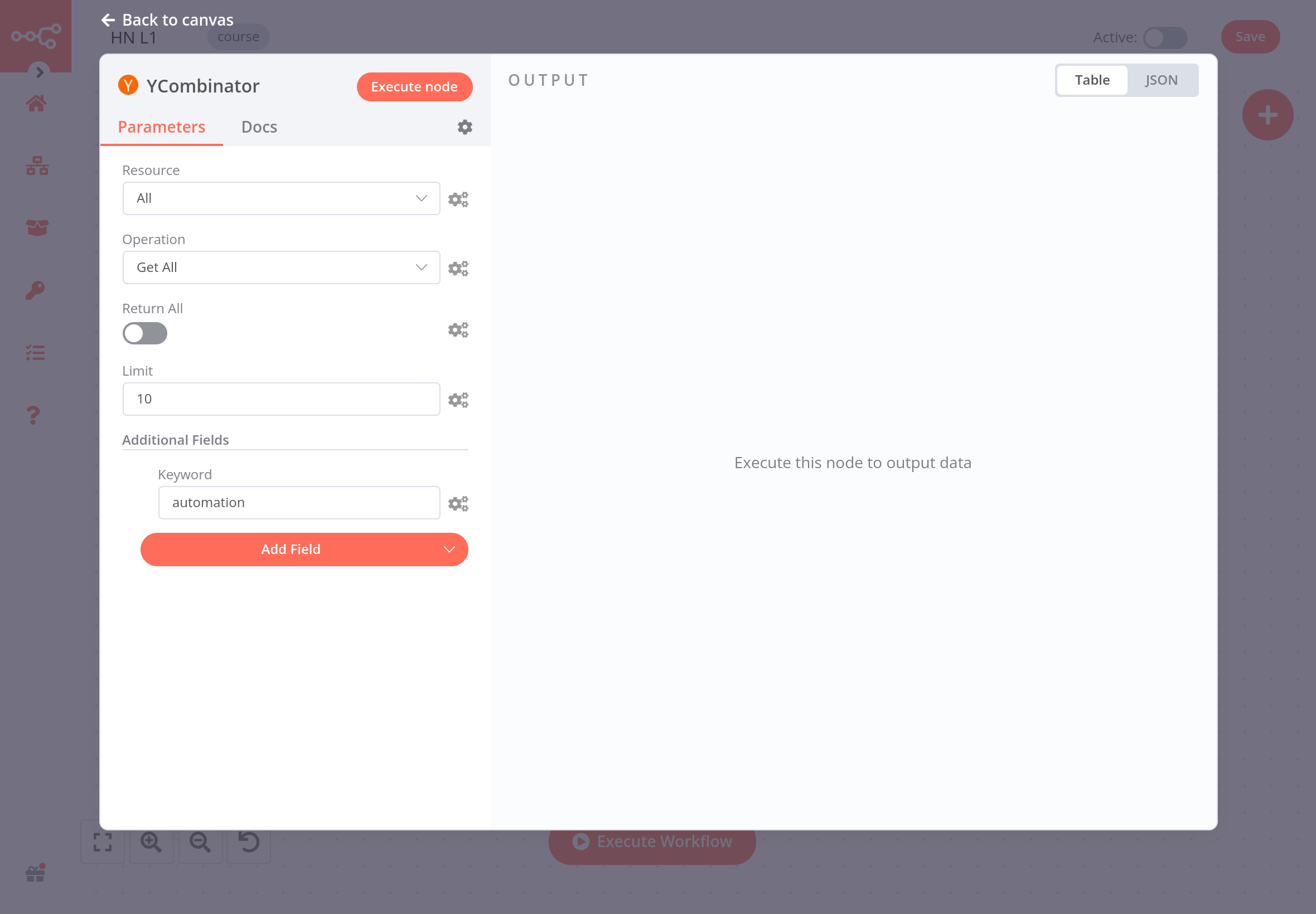 Hacker News node parameters