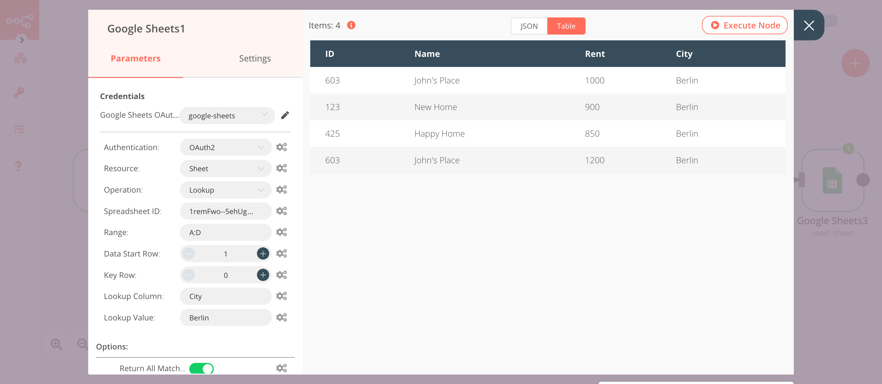 Using the Google Sheets node to lookup for data in the Google Sheets spreadsheet