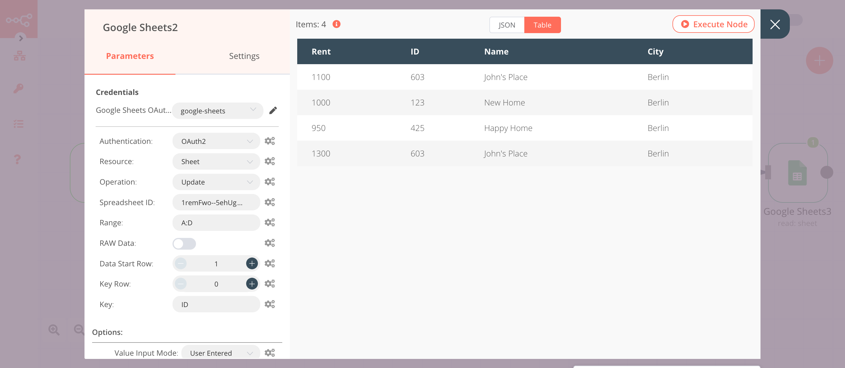 Using the Google Sheets node to update the data to the Google Sheets spreadsheet