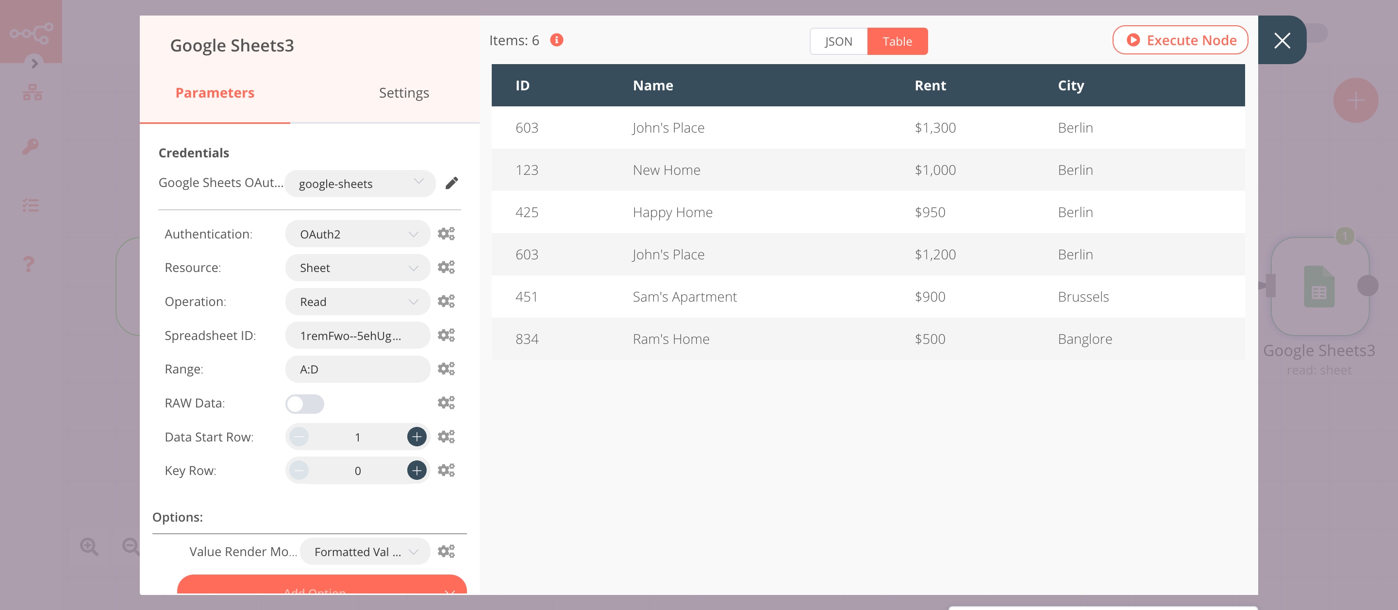 Using the Google Sheets node to read data from the Google Sheets spreadsheet