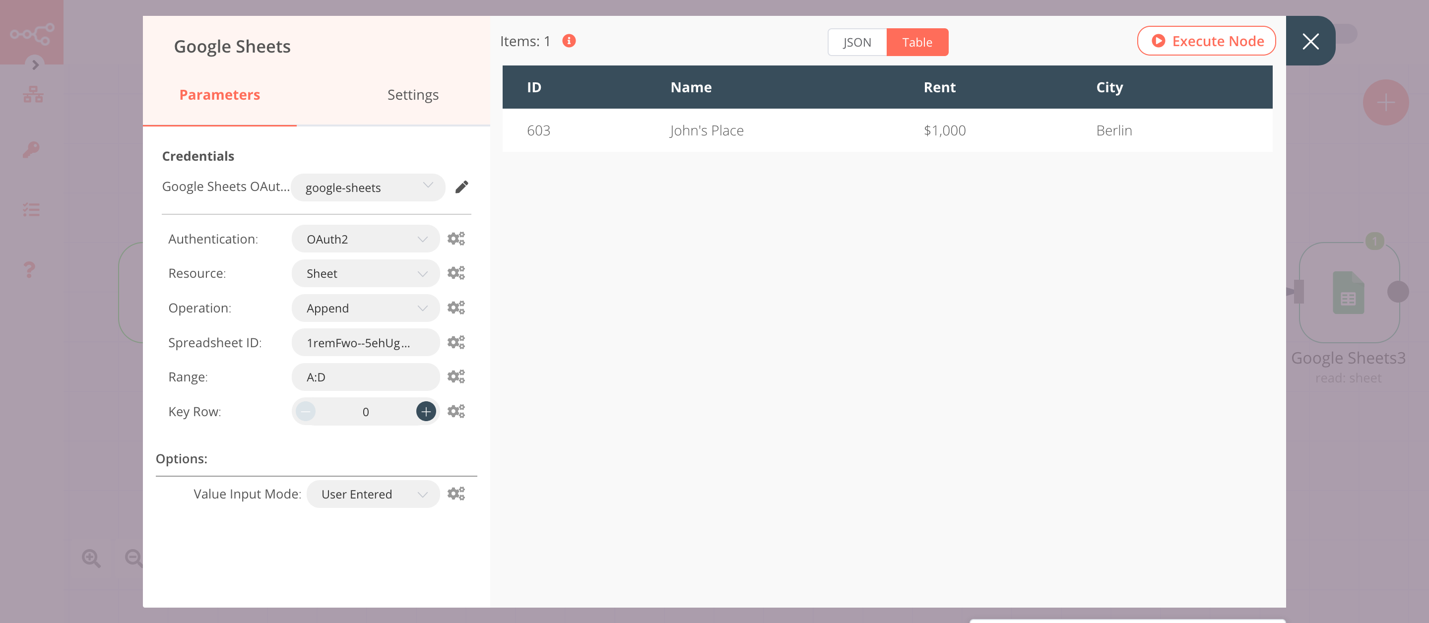 Using the Google Sheets node to insert data into a Google Sheets spreadsheet