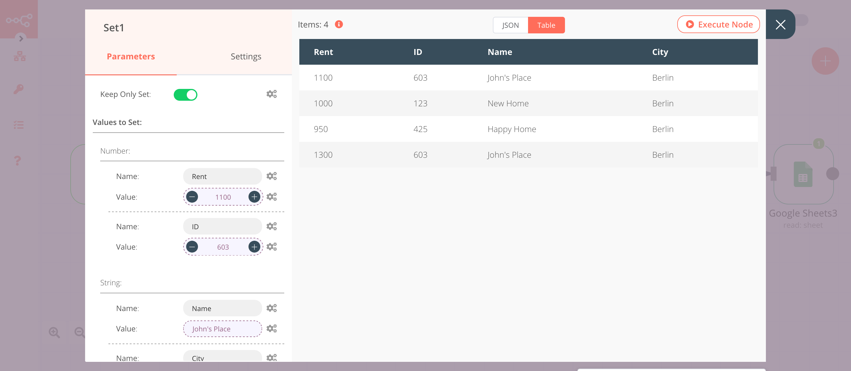 Using the Set node to increase the rent