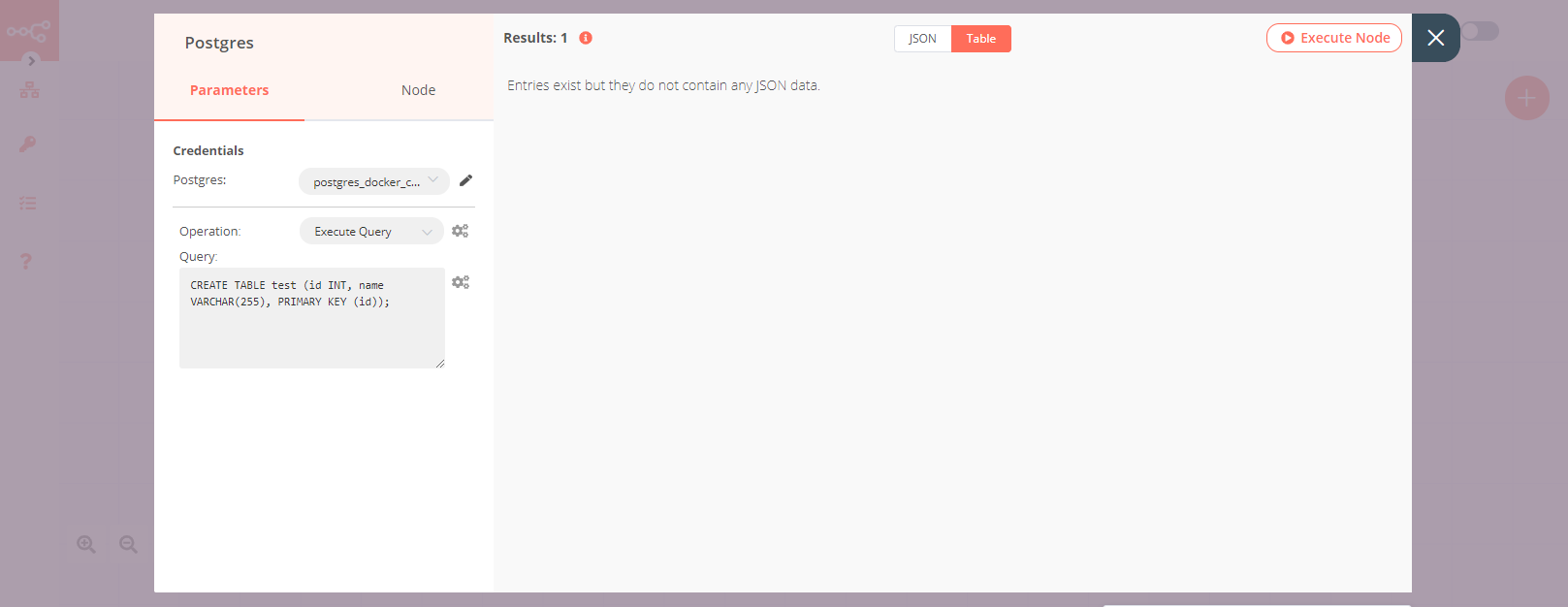 Using the Postgres node to create a table