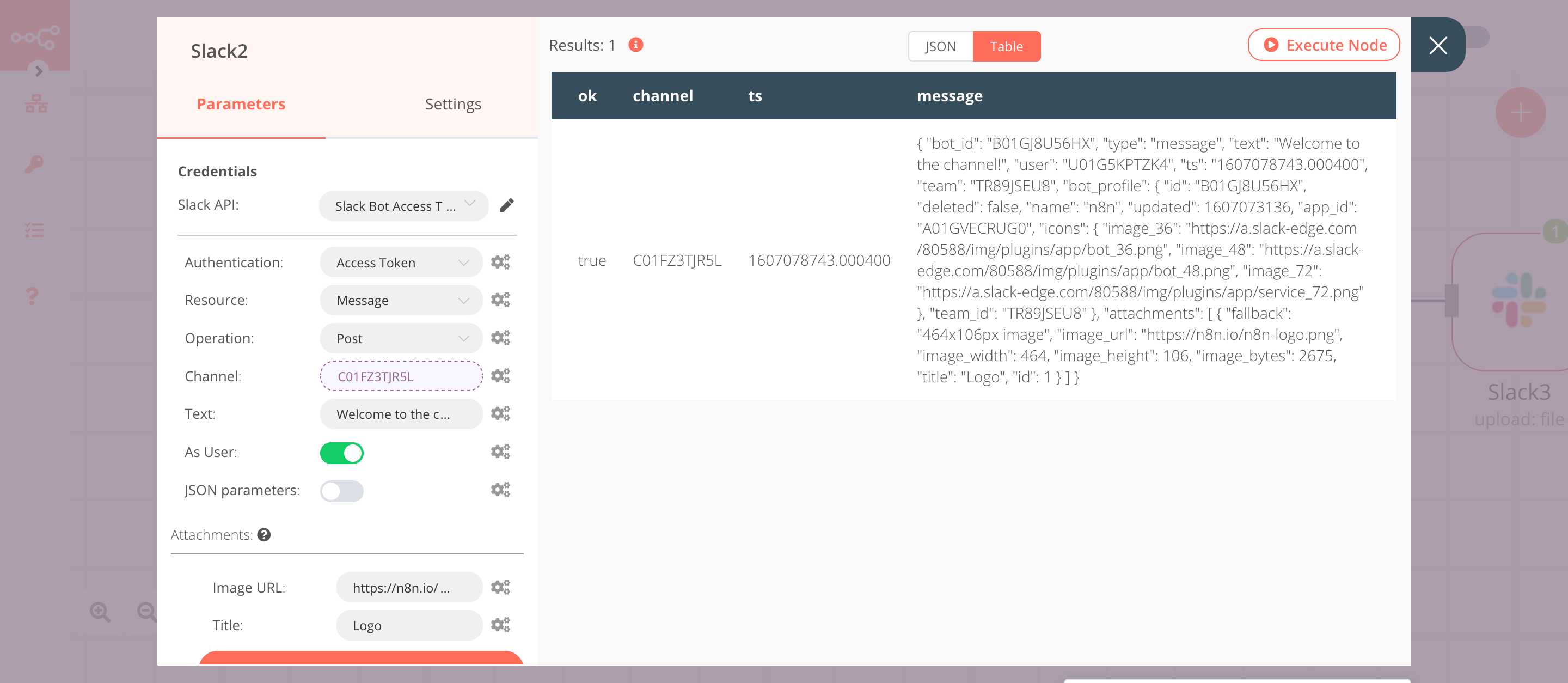 Using the Slack node to send a message with an attachment to a channel