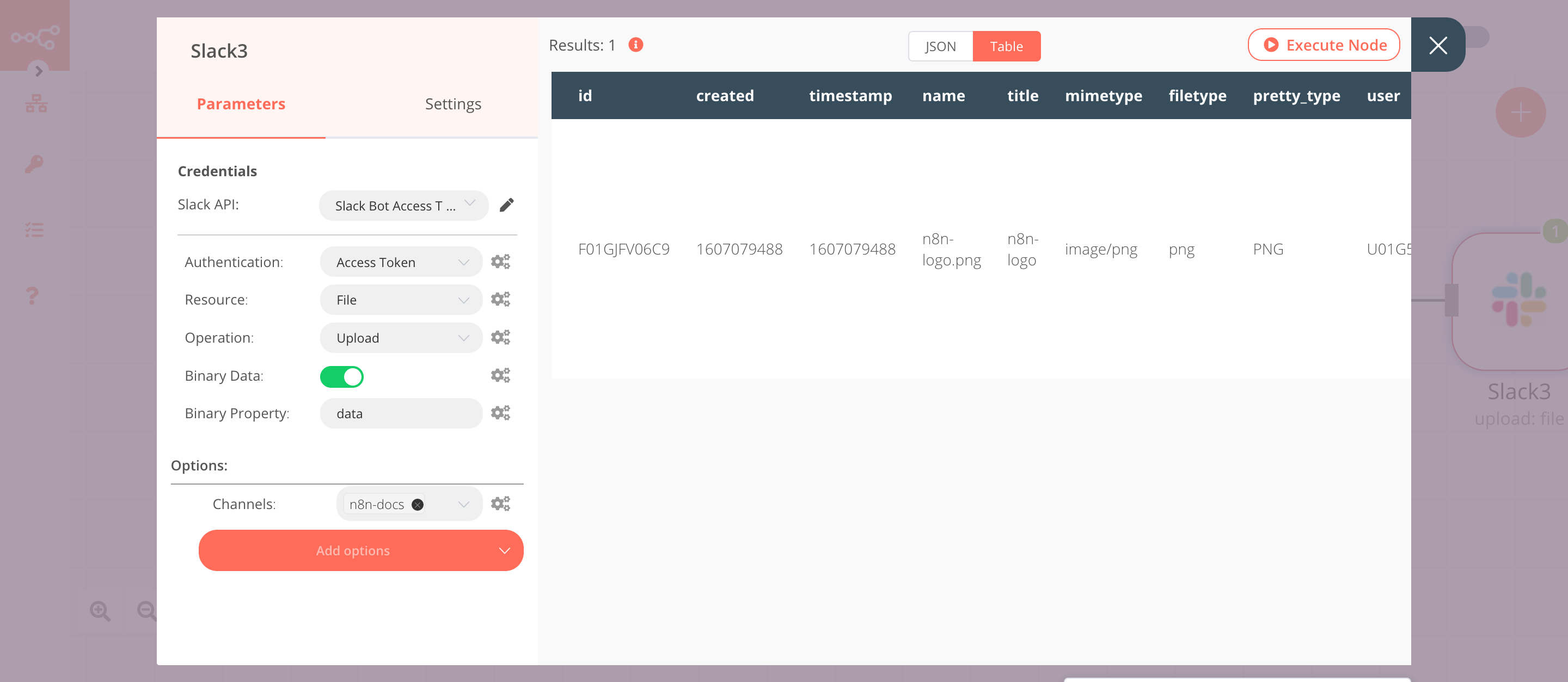 Using the Slack node to upload a file to a channel