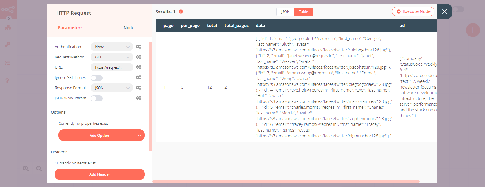 Get a list of sample users using the HTTP Request node